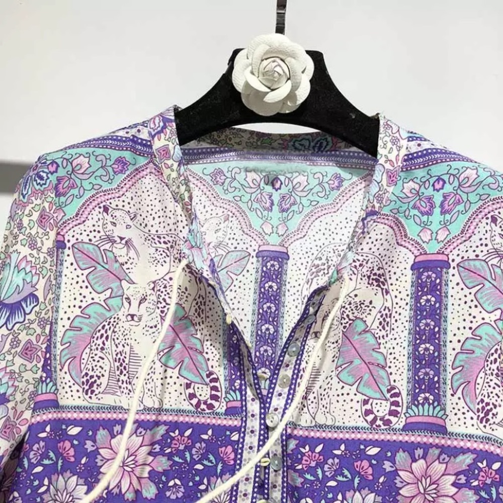 Boho Floral & Leopard Purple Button Neck Blouse - Picture 2 of 6